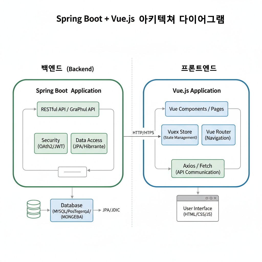 simple architecture diagram showing Spring Boot as backend REST API and Vue.js frontend, labeled arrows with JSON data flow, clean modern design, white background